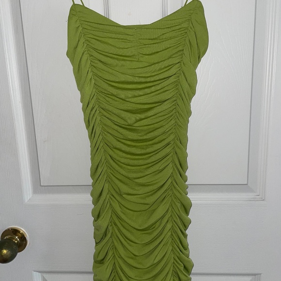 Revamped Ruched Lime Green Bodycon Dress - Picture 2 of 3